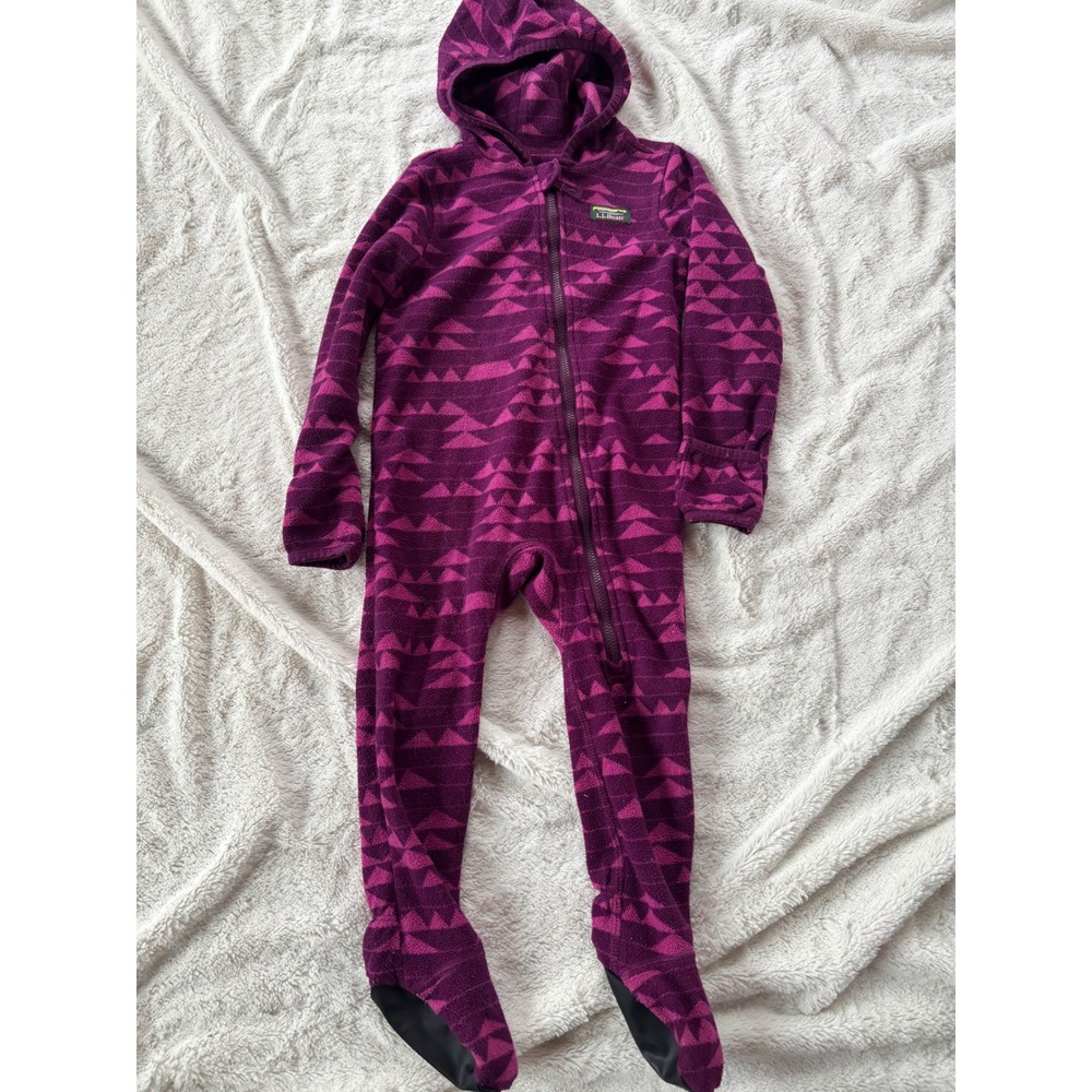 LL Bean Baby 12-18M Fleece Bunting Hooded Footed Purple Cozy Spring Winter